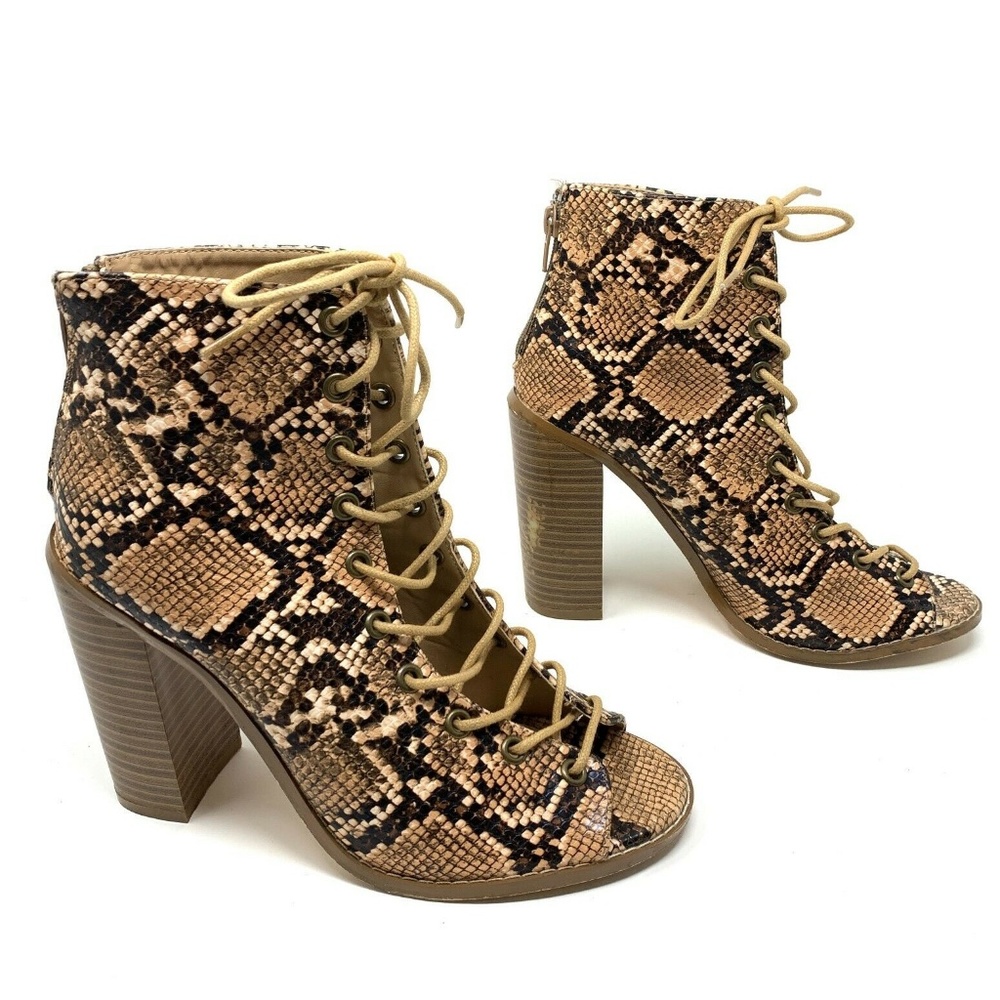Olivia Ferguson Booties Snake Print Brown Lace Up Open Toe - Picture 1 of 7